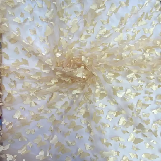 1 Yard Champagne 3D Butterfly Mesh Fabric with Satin Appliqu&eacute; on Stretch Sheer Base 54 Inch Wide {2}