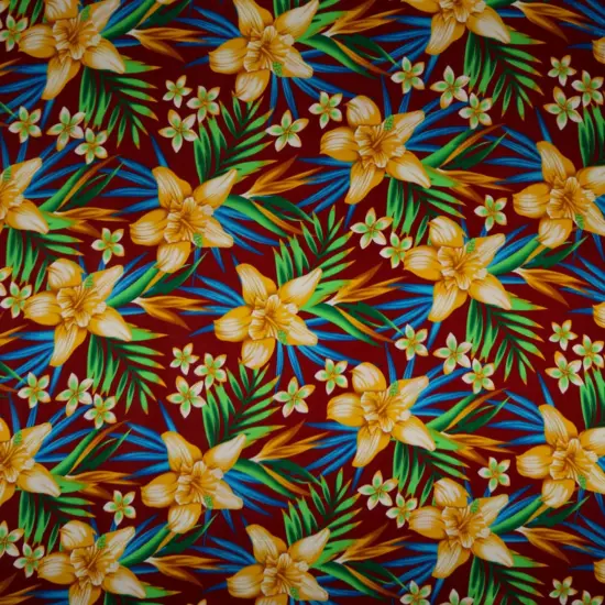 1 Yard Hippeastrum Plumeria Birds of Paradise Palm Leaves Rayon Challis Fabric 45" Wide Burgundy {2}