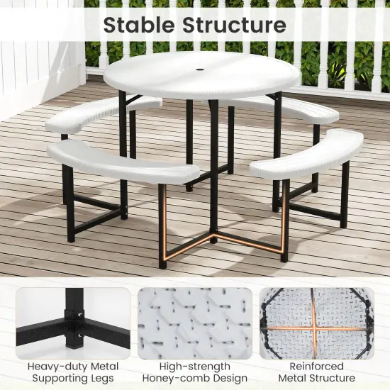 Costway Round Picnic Table Bench Set with 4 Benches Umbrella Hole All Weather Tabletop White/Green/Gray/Black {6}