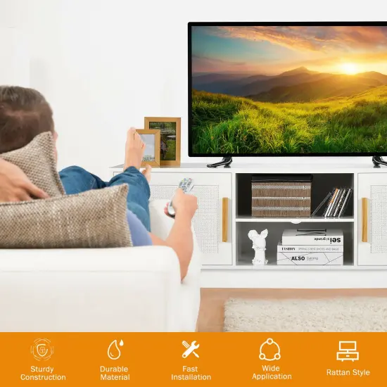 Costway TV Stand Entertainment Media Console w/ 2 Rattan Cabinets & Open Shelves {5}