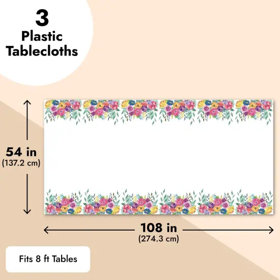 3 Pack Plastic Floral Tablecloth for Wedding, Birthday Party Decorations, Disposable Tablecloths for Rectangle Tables, Tea Party Supplies, Baby Shower, 54 x 108 Inches White {3}