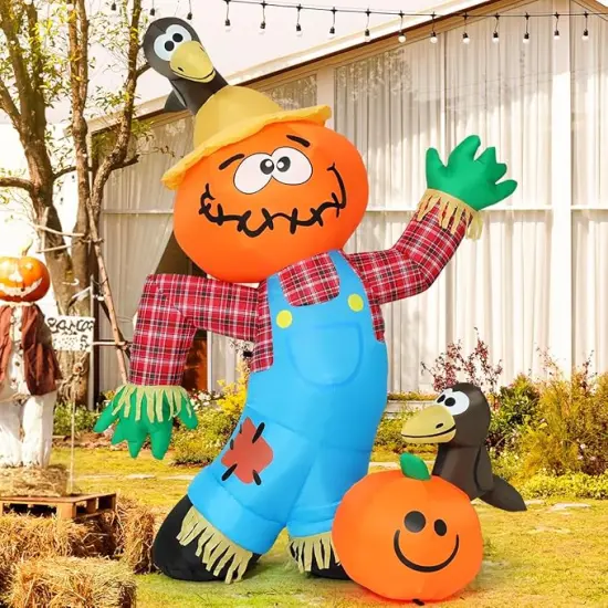 GOOSH 6 FT Thanksgiving Inflatable Decorations Crow Fall Harvest Pumpkin Scarecrow with Built-in LED Lights {3}