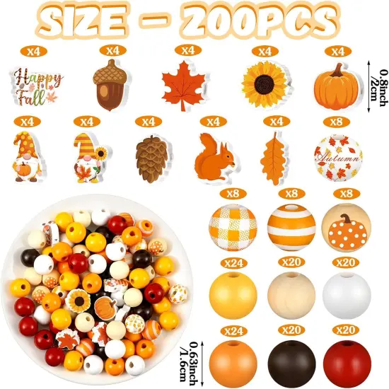 200 Pcs Fall Wooden Beads Thanksgiving Rustic Farmhouse Wood Beads {2}