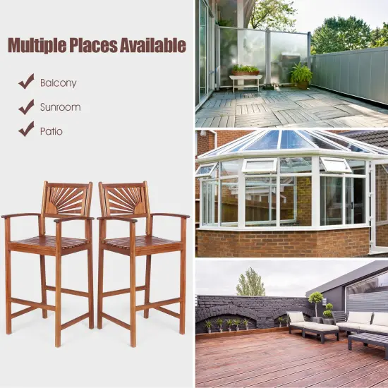 Costway Set of 2 Bar Stools 29inch Acacia Wood Pub Chairs Outdoor w/ Armrests {5}