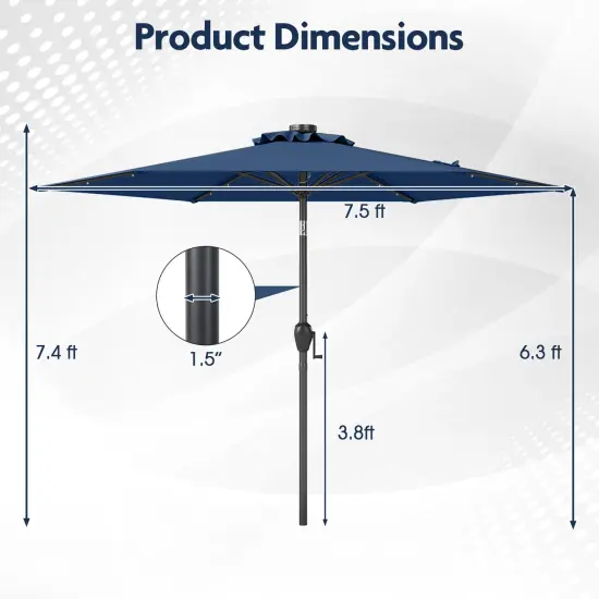 Costway 7.5 ft Solar Powered Patio Umbrella with LED Lights Push Button Tilt Crank Handle Beige/Gray/Navy/Black/Brown/Red {3}
