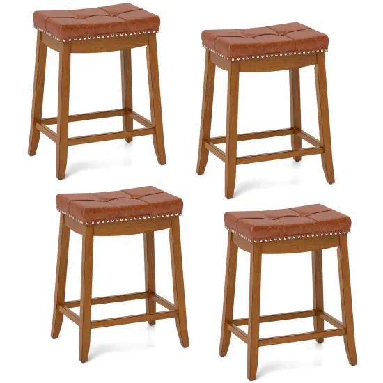 Costway Saddle Bar Stools Set of 2/4 with PU Leather Seat Solid Rubber Wood Frame Footrest {1}