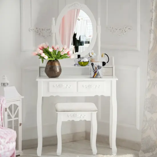 Costway Vanity Wood Makeup Dressing Table Stool 4 Drawers Black/White {2}