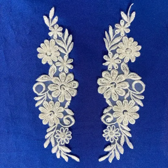 1 Pair Beaded Lace Applique Embroidered on 100% Polyester Organza 9" x 2.5" Each Side Ivory {1}
