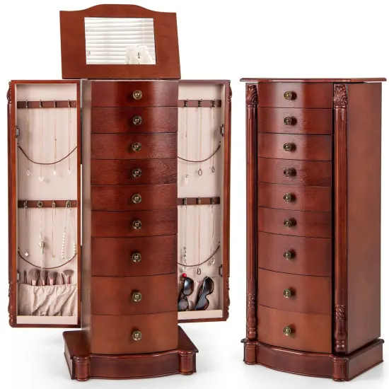Costway Wood Jewelry Cabinet Storage Chest Stand Organizer Necklace {1}