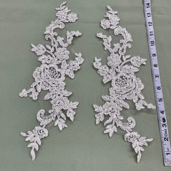 1 Pair Beaded & Corded Floral Lace Applique Embroidered on 100% Polyester Net Mesh 15" X 3.5" Each Side Ivory {1}