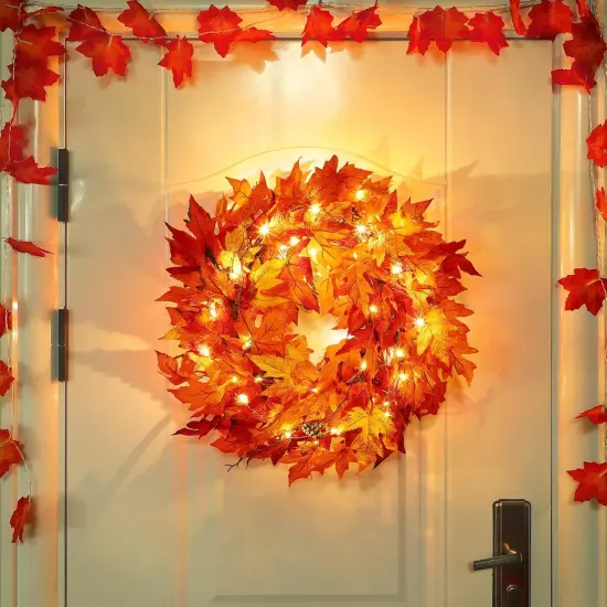 24" Fall Wreaths for Front Door with Lights Timer {4}