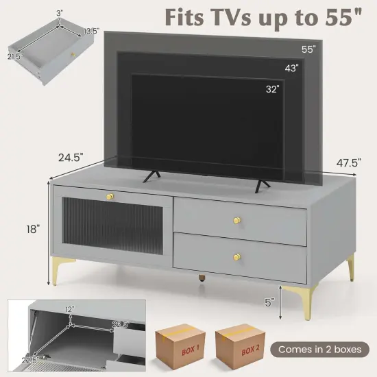 Costway Modern TV Stand for 55" TVs with Drop Down Door Cabinet 2 Storage Drawers Gray {2}