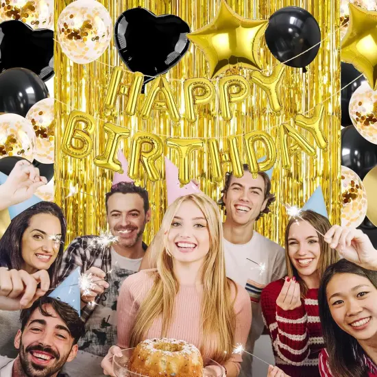 Black Gold Happy Birthday Decorations for Women Girls, Foil Heart Star Confetti Balloons {3}