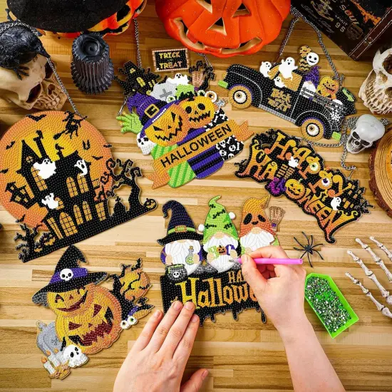 6 Pcs Halloween Diamond Painting Hanging Sign Set 5d Gnome Pumpkin {2}
