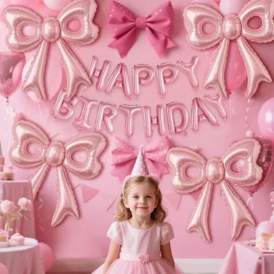 Pink Happy Birthday Balloons - Huge Pink Bow Aluminum Foil {3}