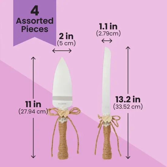 4 Piece Rustic-Style Wedding Cake Knife and Server Set with Champagne Glasses for Bride and Groom, Farmhouse Theme Reception, Country Decorations Multicolor {4}