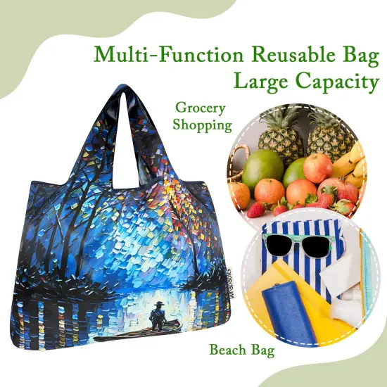Wrapables Large Foldable Oil Painting Nylon Reusable Grocery Bag, Serene Rowboat {5}