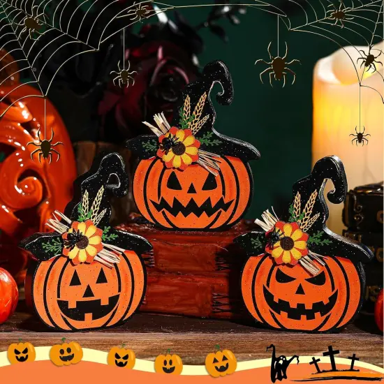 3 Pieces Halloween Pumpkin Wooden Table Sign Tiered Tray Decor {3}