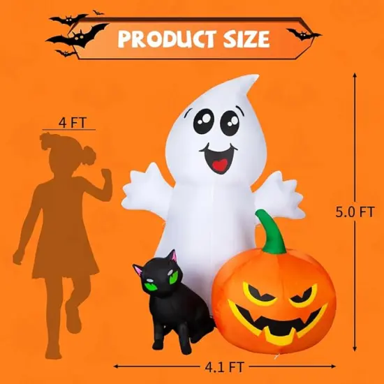 GOOSH Halloween Inflatable 5FT Ghost with Black Cat and Pumpkin with Built-in LEDs {5}