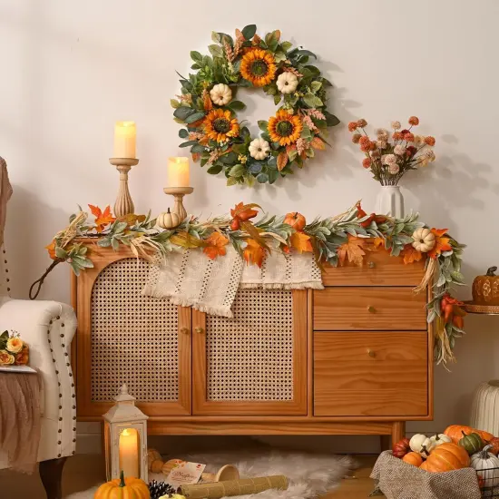 22in Sunflower Fall Door Wreath with Pumpkin {3}