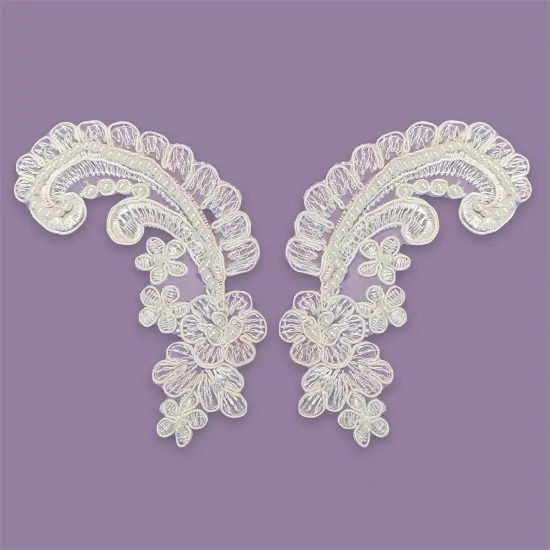 1 Pair Beaded & Corded Floral Lace Applique 2" x 5.5" Each Side White {1}