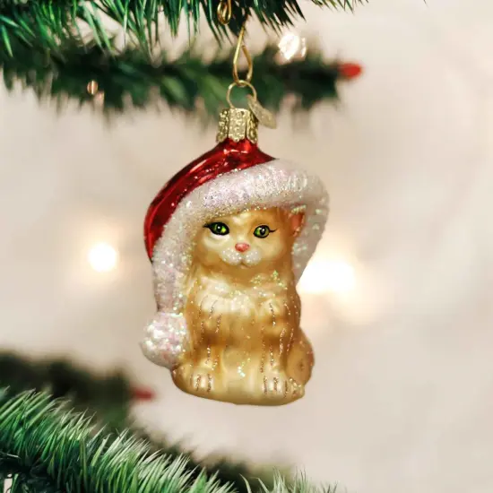 Old World Christmas 3.5 Inch Santa's Kitten Tree Ornament , Ornament Santa Hat Cat Gold {3}