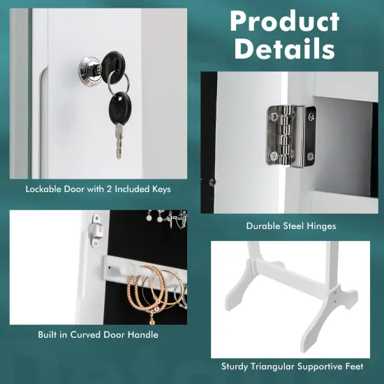 Costway Standing Jewelry Cabinet Armoire Organizer LED Light Mirror Lockable White {6}