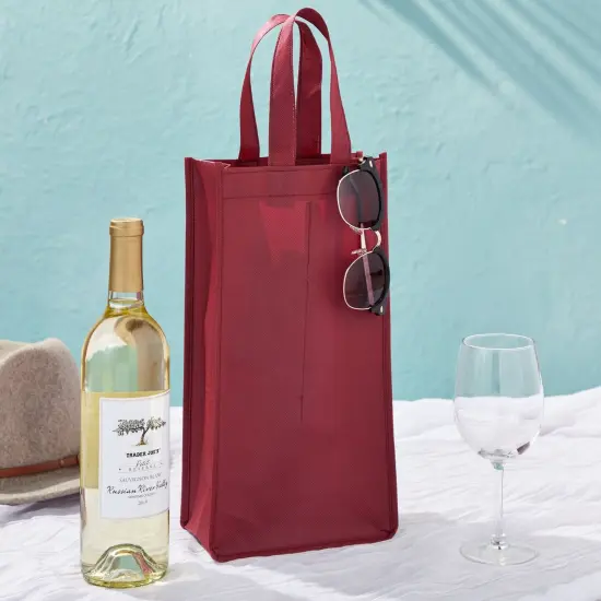 Wine Bag with Handles for Gifts, Dinner Parties, Burgundy Carrying Tote (10 Pack) Red {3}