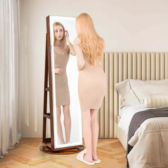 Costway 360&deg; Swivel Jewelry Cabinet Organizer 3-Color LED Mirror with Built-in&nbsp;Lights Coffee/White/Black/Brown {11}