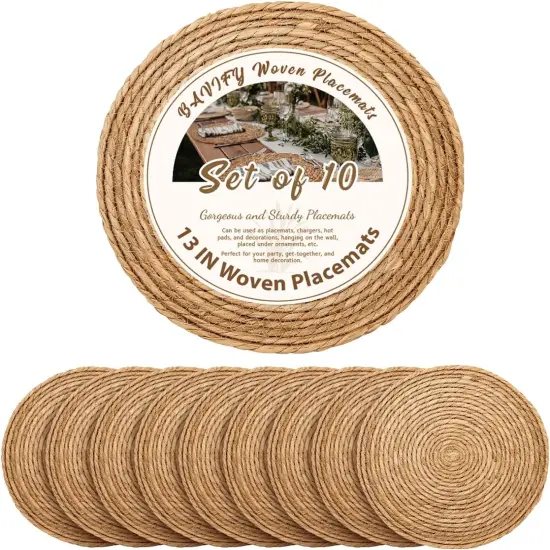 13 in Round Woven Placemats Plate Chargers Set of 10, Boho Farmhouse Rustic Woven Place Mats for Dining Table Decor {1}