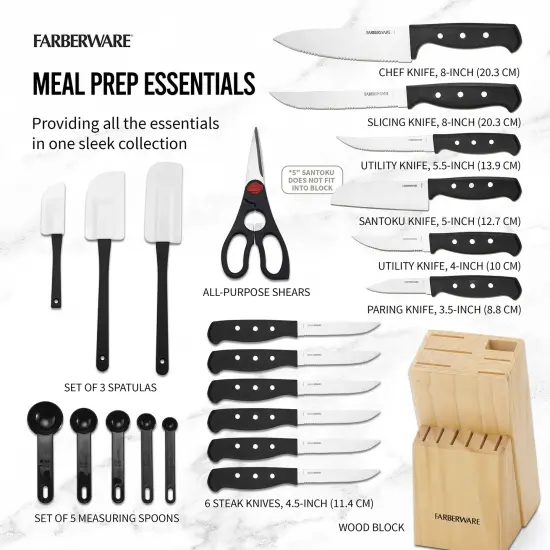 22 Pieces Never Needs Sharpening Triple Rivet High-Carbon Stainless Steel Knife Block and Kitchen Tool Set, Black {1}