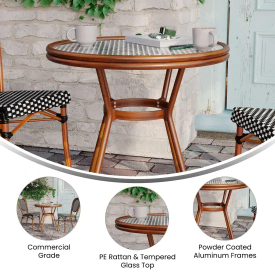 Merrick Lane Celia Bistro Style Table with Tempered Glass Top, PE Rattan, and Bamboo Finished Metal Frame for Indoor/Outdoor Use Black&White/Natural {4}