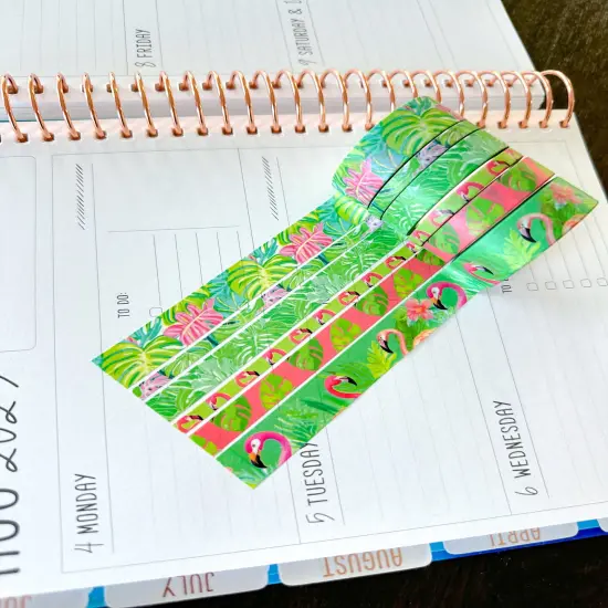 Tropical Flamingos Leaves Vacation Lush Green Pink Washi Tape Set August 2025 - W137 {5}