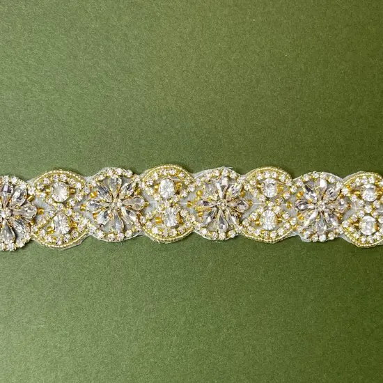 Crystal Floral Bridal Rhinestone Sash Applique 18.75" x 1.25" Each Gold {2}