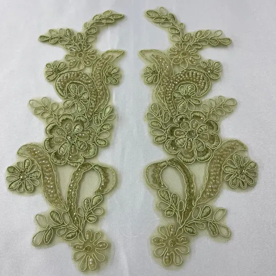 1 Pair Beaded & Corded Floral Lace Applique 9" x 2.5" Each Side Sage {1}