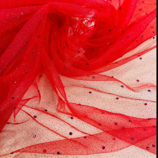 1 Yard Glitter Mesh Fabric with Scattered Rhinestones 60" Wide, 2-Way Stretch Sparkle Mesh for Gowns, Bridal Wear & Costumes Fuchsia {2}