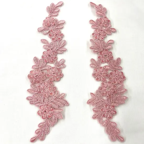 1 Pair 9.5" x 2" Each Side Beaded & Corded Floral Lace Applique Embroidered on 100% Polyester Net Mesh Blush {1}