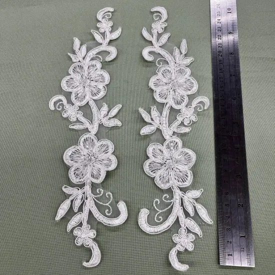 1 Pair Beaded & Corded Lace Applique 10" x 2" Each Side Ivory {1}