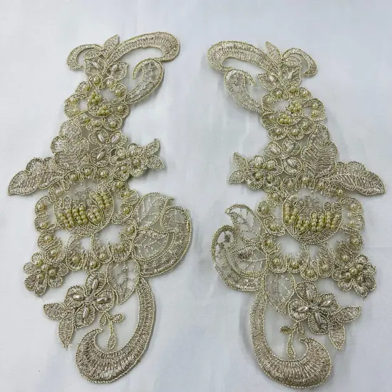 1 Pair 8.5" x 3.5" Each Side Beaded & Corded Floral Lace Applique 100% Polyester Organza Silver {3}
