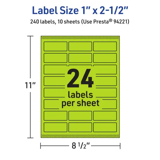 Avery Bright Green Paper Labels, 1" x 2.5" Rectangle {5}