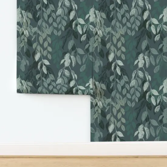 Pre-Pasted Wallpaper 2FT Wide Botanical Vines Serene Nature Calm Leaves Teal Neutral Modern Trees Boho Green Custom Pre-pasted Wallpaper by Spoonflower {2}
