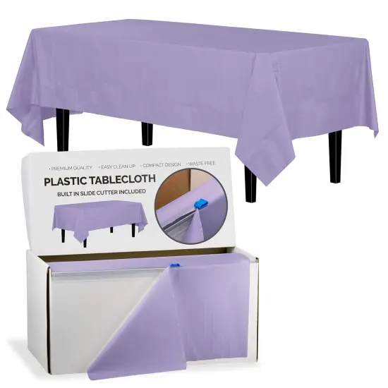 Exquisite Party Solids 54" x 100' Plastic Table Cover Roll with Slide Cutter &ndash; Cut-to-Size Dispenser Box &ndash; Makes Up to 36 Disposable 8' Rectangle Tablecloths Lavender {1}