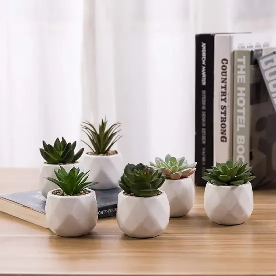 Mini Assorted Green Faux Succulent, Indoor Fake Plants in Geometric Ceramic Pots, Set of 6 {2}