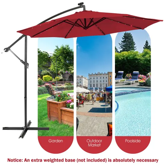 Costway 10FT Cantilever Solar Powered 32LED Lighted Patio Offset Umbrella Outdoor Red\Beige\Coffee\Blue\Navy {5}
