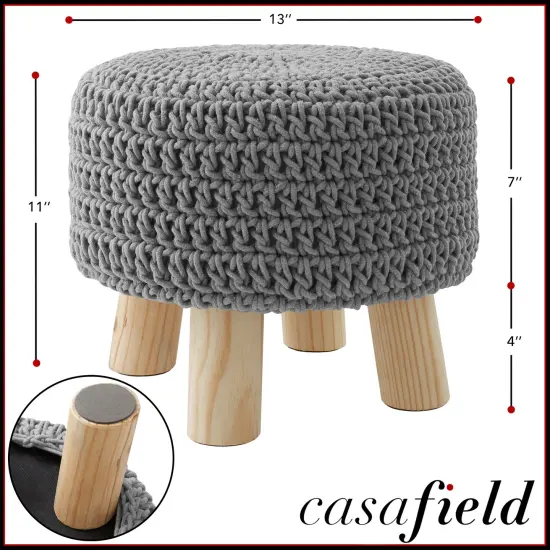 Pouf Ottoman Footstool, 13" Round x 11" High, Hand-Knitted Cotton Footrest, Non-Skid Wood Legs, Boho Foot Stool for Living Room, Bedroom {3}