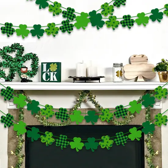 4PCS Felt Shamrock Clover Garland Banner - NO DIY, St. Patrick's Day Decorations - Buffalo Plaid Dark Green Light Green Happy St. Patrick's Day Banner for Home Mantel Office Irish Day Party Supplies {6}
