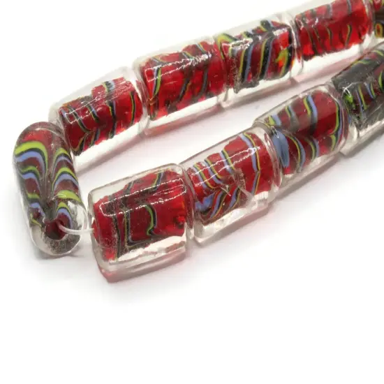 11 18mm Red with Yellow and Blue Striped Lampwork Glass Tube Beads {1}