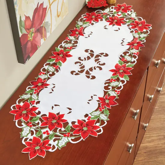 Collections Etc Embroidered Poinsettia 4-foot Dresser Scarf {1}