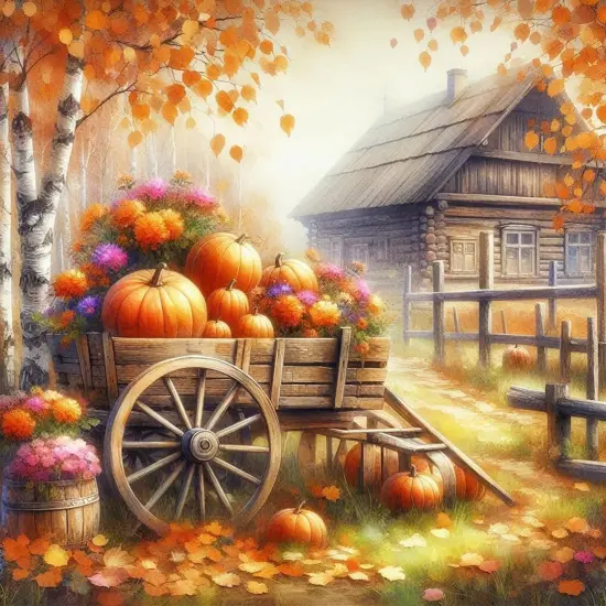 13.8x13.8 Inch - Fall Pumpkin Cart House Diamond Painting Kits for Adults {1}