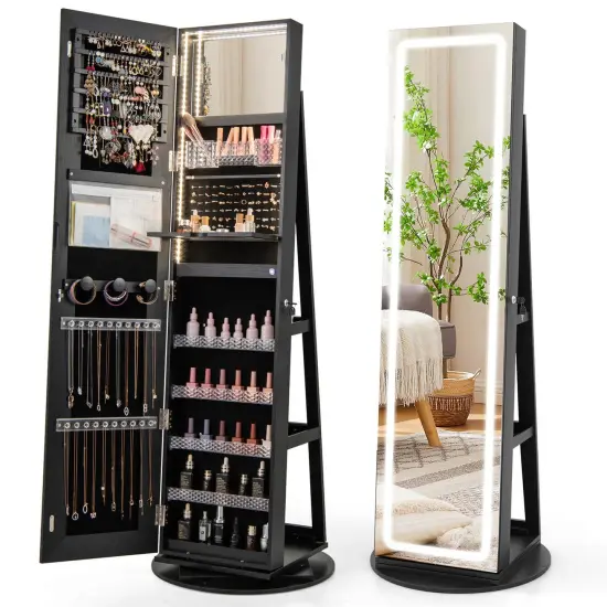 Costway 360&deg; Swivel Jewelry Cabinet Organizer 3-Color LED Mirror with Built-in&nbsp;Lights Coffee/White/Black/Brown {9}